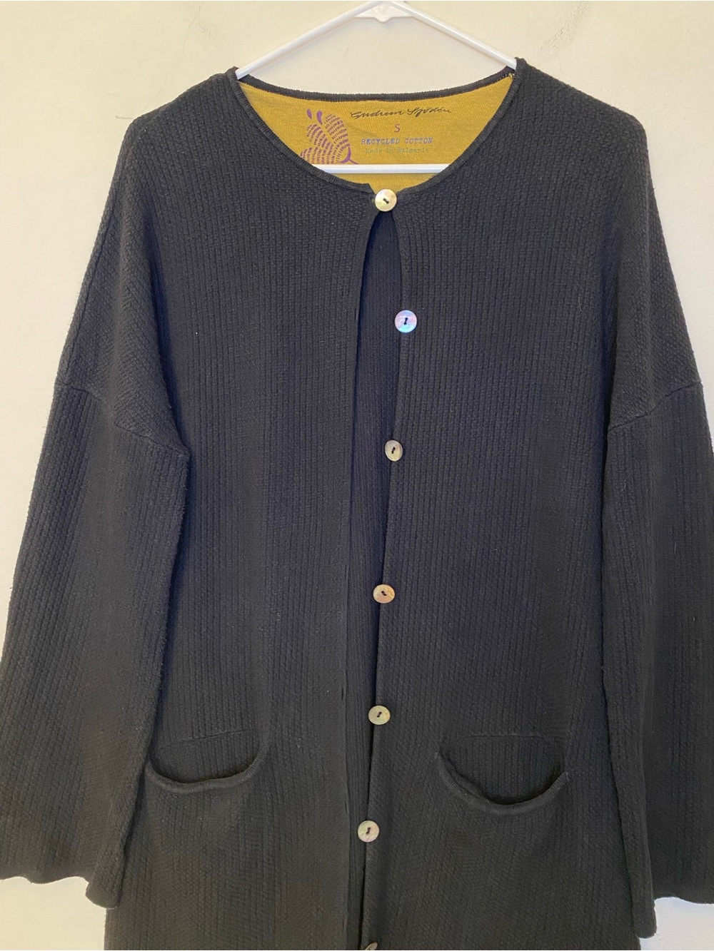 GUDRUN SJODEN Cotton Waffle Knit Button Front Long Cardigan Black Sz Small READ - Picture 2 of 11